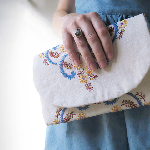 Clutch made from embroidered vintage cloth