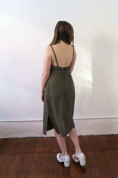 Back of green Sparrow wrap dress